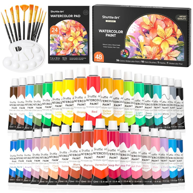 Shuttle Art 48 Pack Watercolor Paint Set, 36 Colors Watercolor Paint in Tubes (12ml Each) with 10 Brushes, 1 Watercolor Pad, 1 Palette, Premium Watercolor Kit for Artist, Beginners, Kids - Image 1